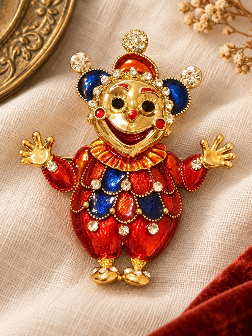 Gold-Tone Red & Blue Clown Brooch with Rhinestones